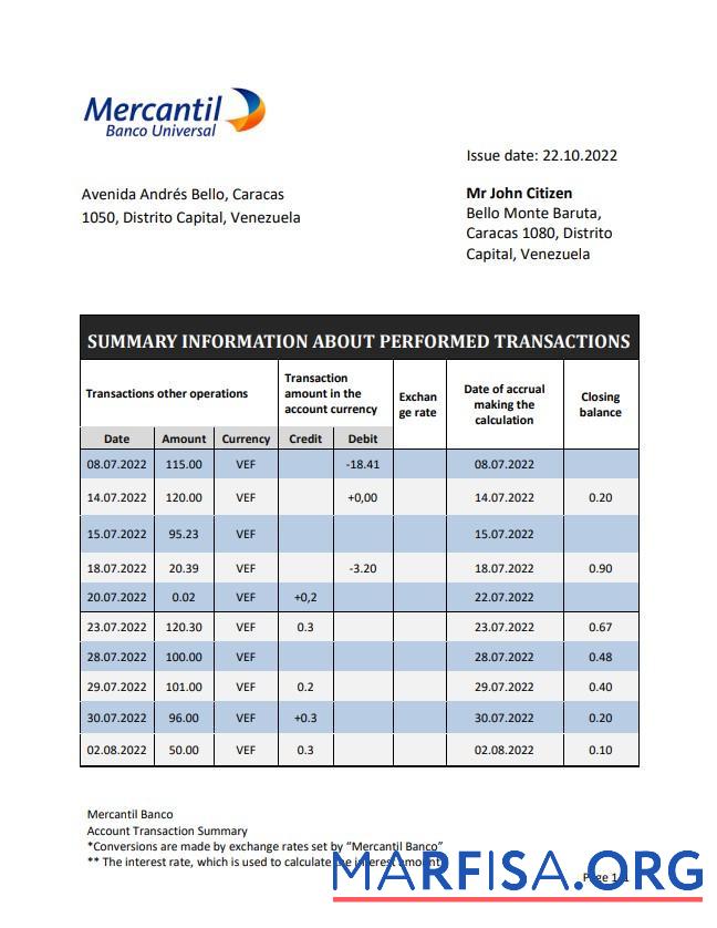 Printable Venezuela Mercantil bank statement word real example